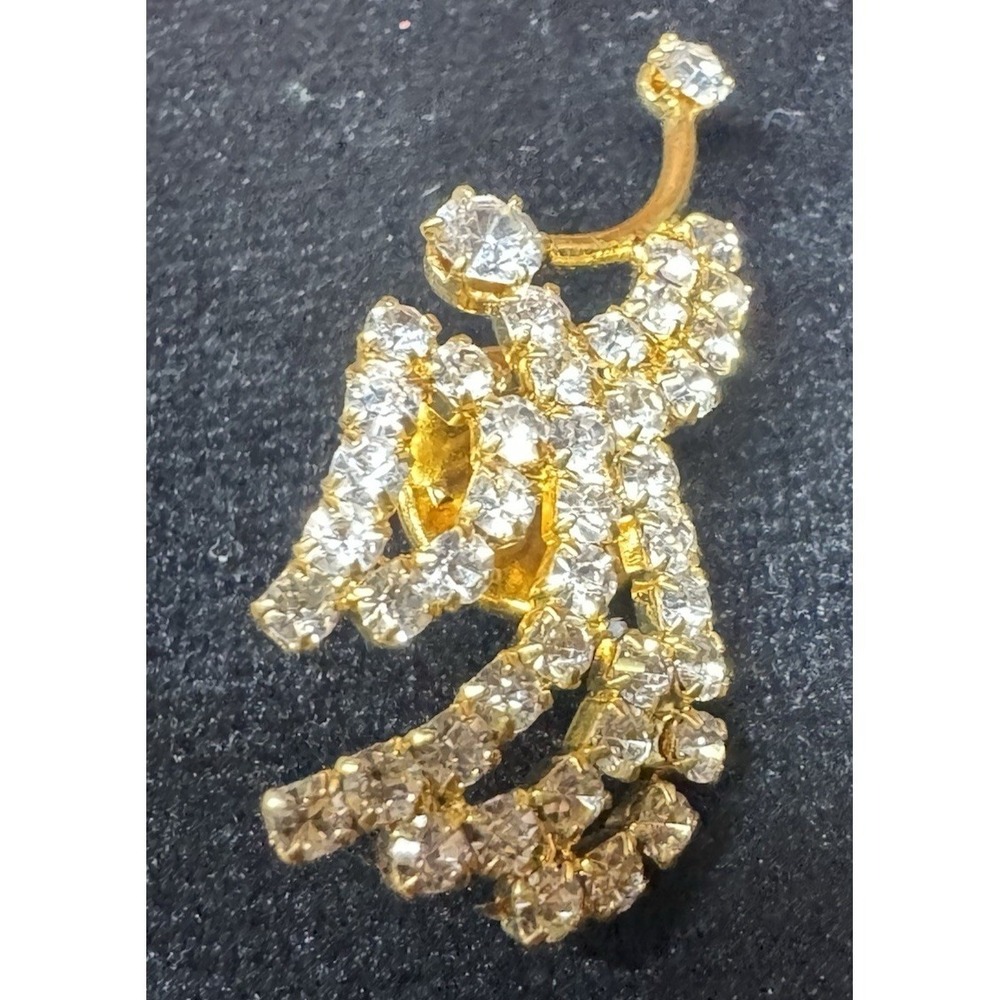 Vintage Rhinestone Angel Brooch Gold Tone‎ Dangle Trumpet Abstract Pin